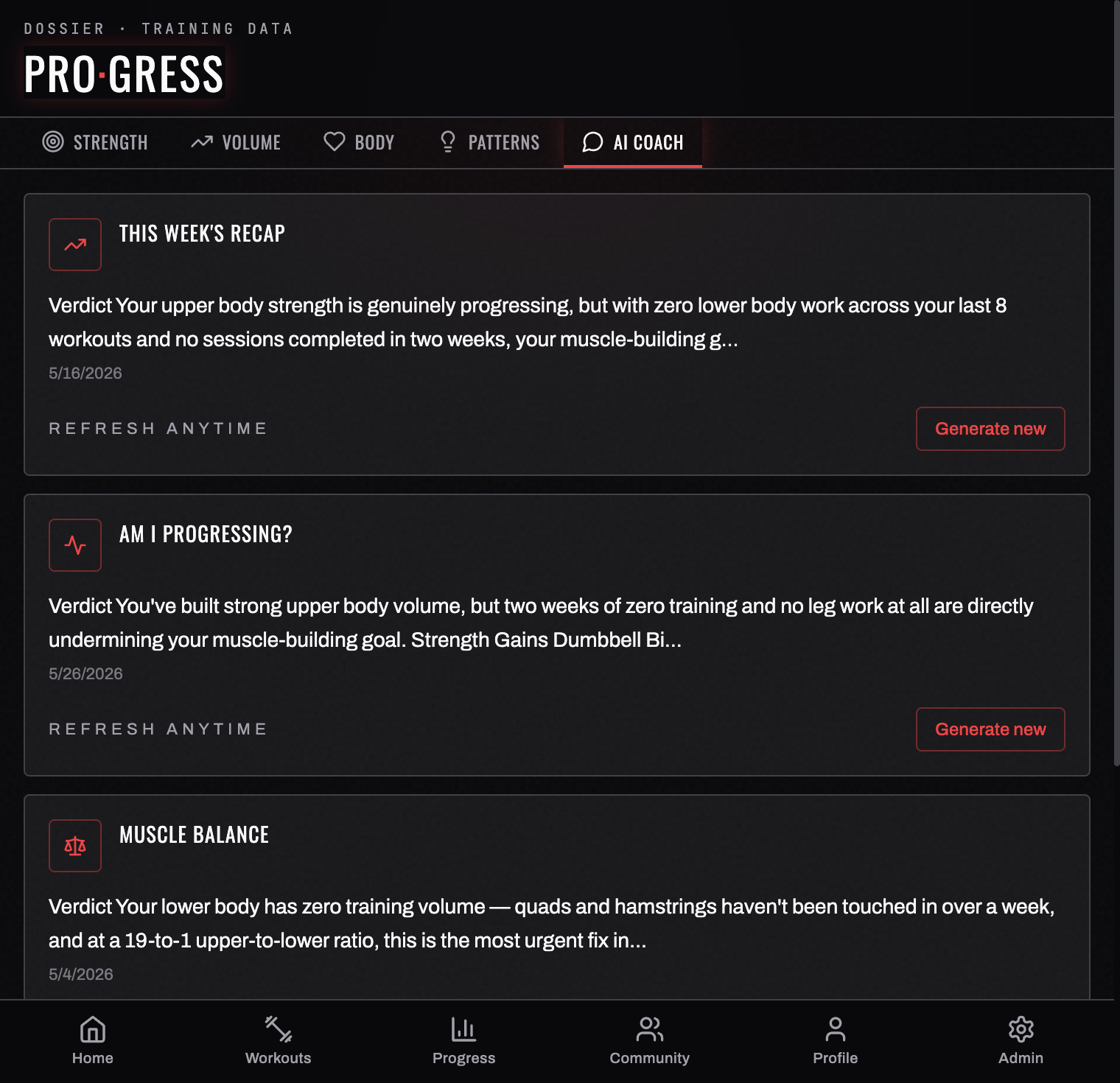 AI Coach — preset analyses of your training data