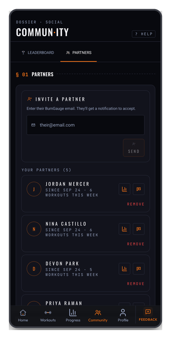 The Partners tab — invite by email, and your connected partners with their weekly activity