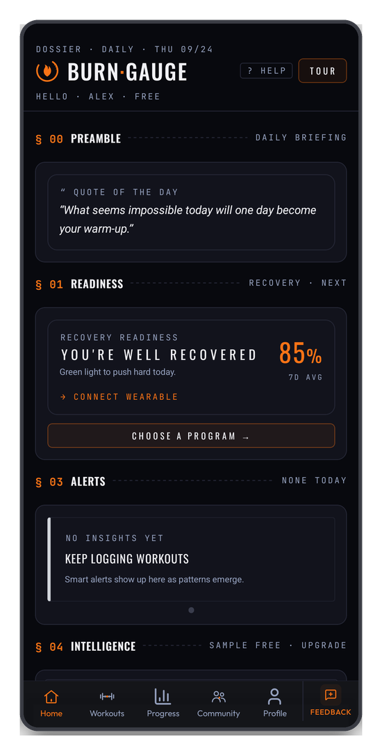 Recovery readiness, scored out of 100 with a plain-language read