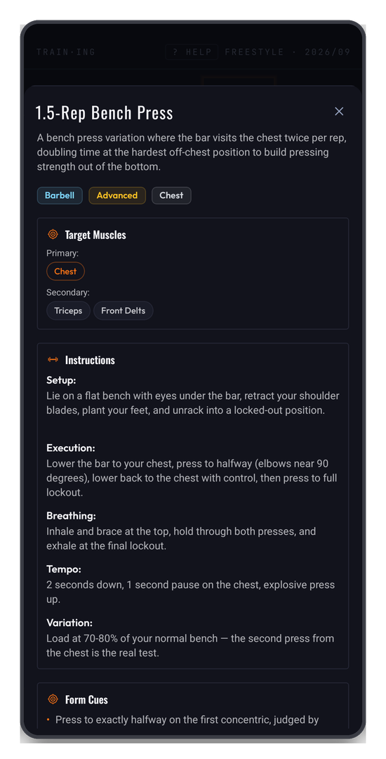 An exercise's detail — target muscles and full coaching notes