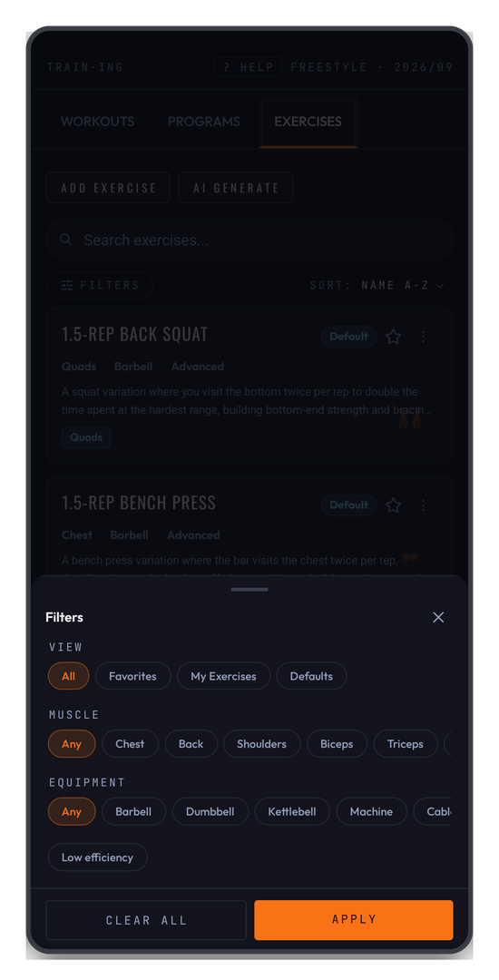 The filter sheet — narrow by view, muscle, and equipment