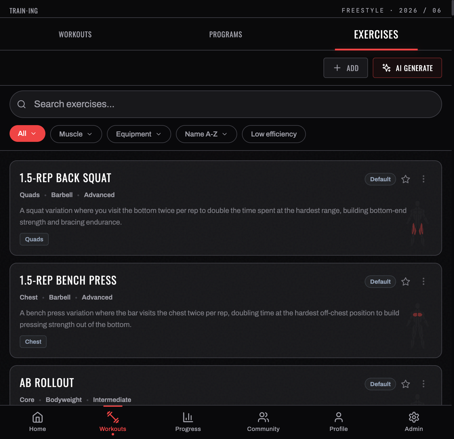 The exercise library — search, filter, and browse the exercise database