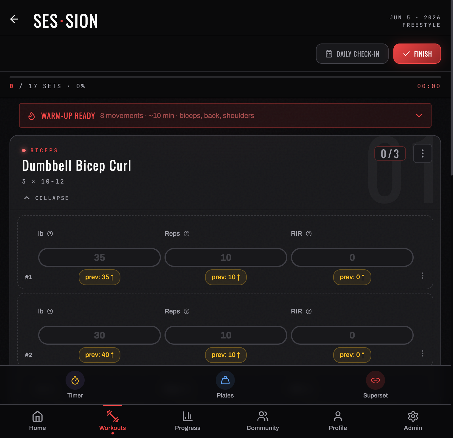 Logging sets in the real-time SES·SION workout logger