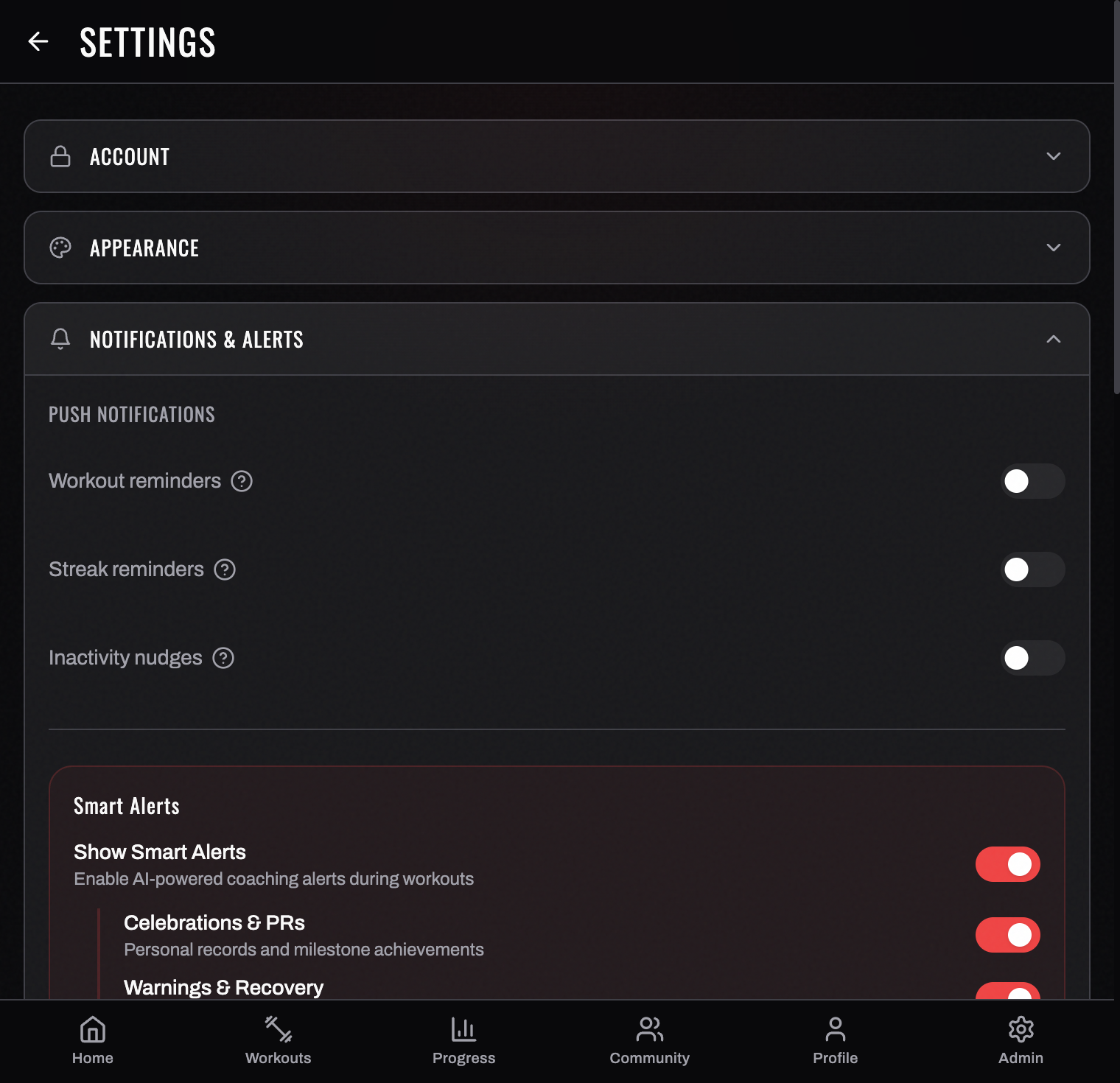 Settings → Notifications & Alerts — push reminders and Smart Alert categories
