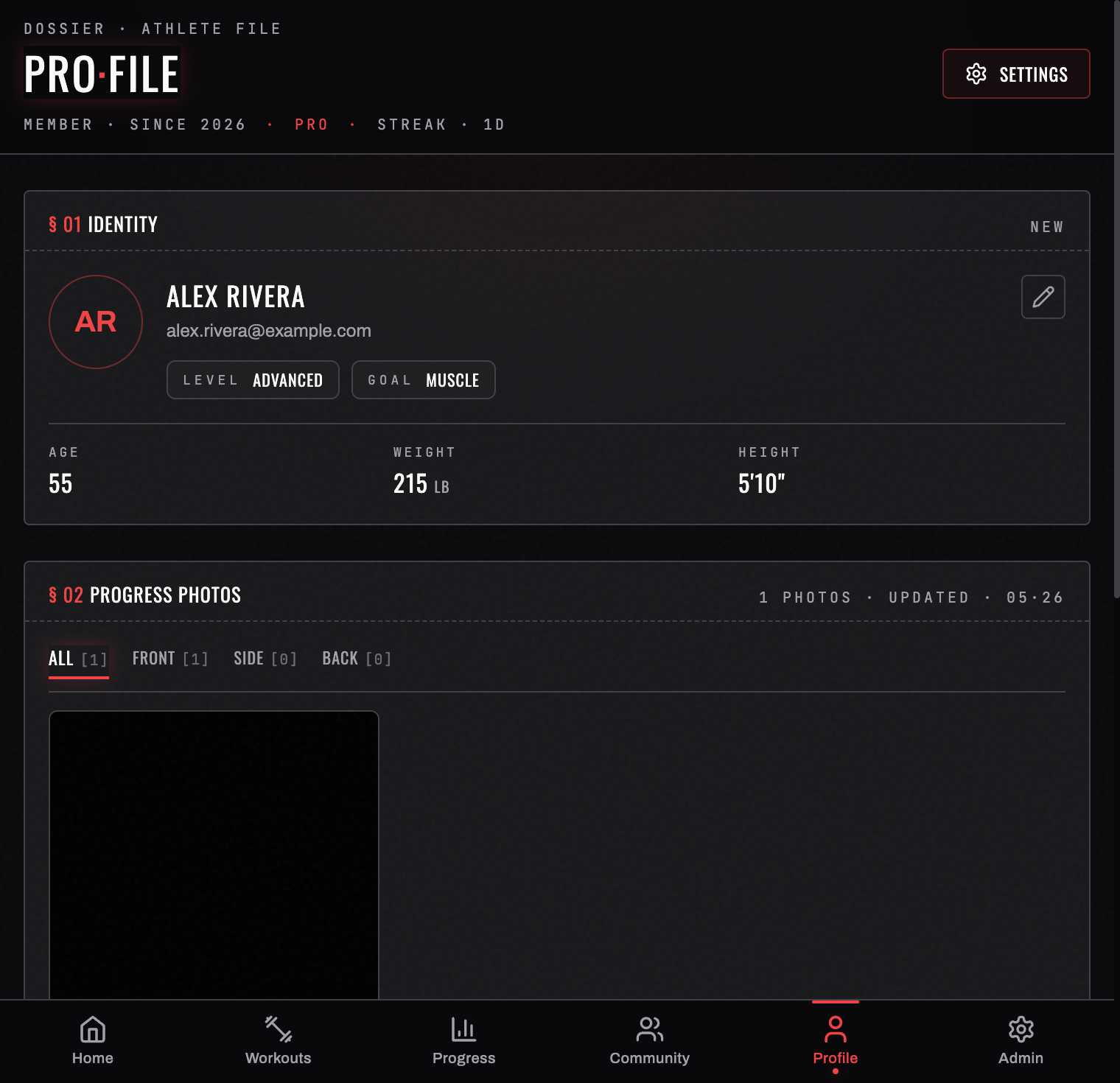 Your athlete file — identity, progress photos, and body stats