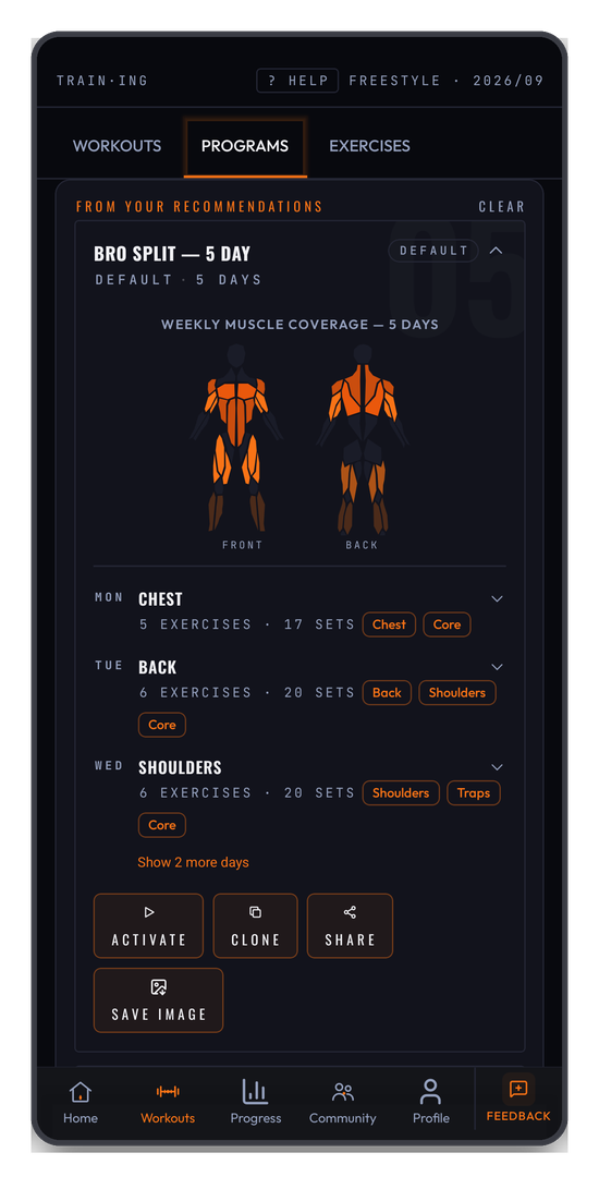 A program's detail — weekly muscle coverage and the shape of every training day