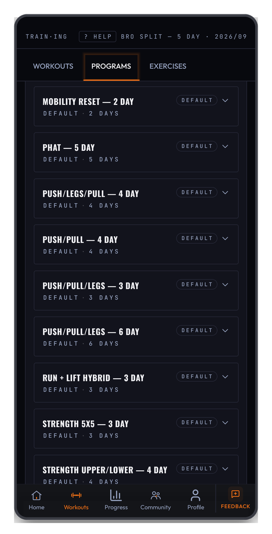 The activated program's schedule — one row per training day, each editable