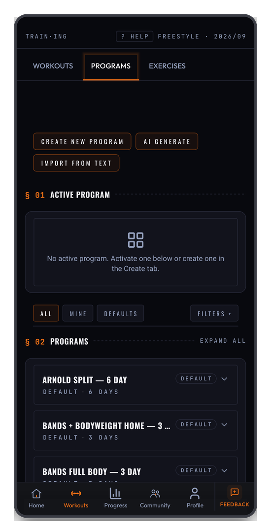 The program library — defaults and your own, filtered and expandable