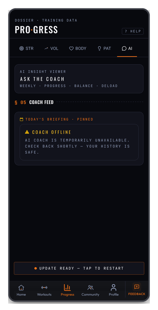 The AI tab — the insight viewer and your coach feed
