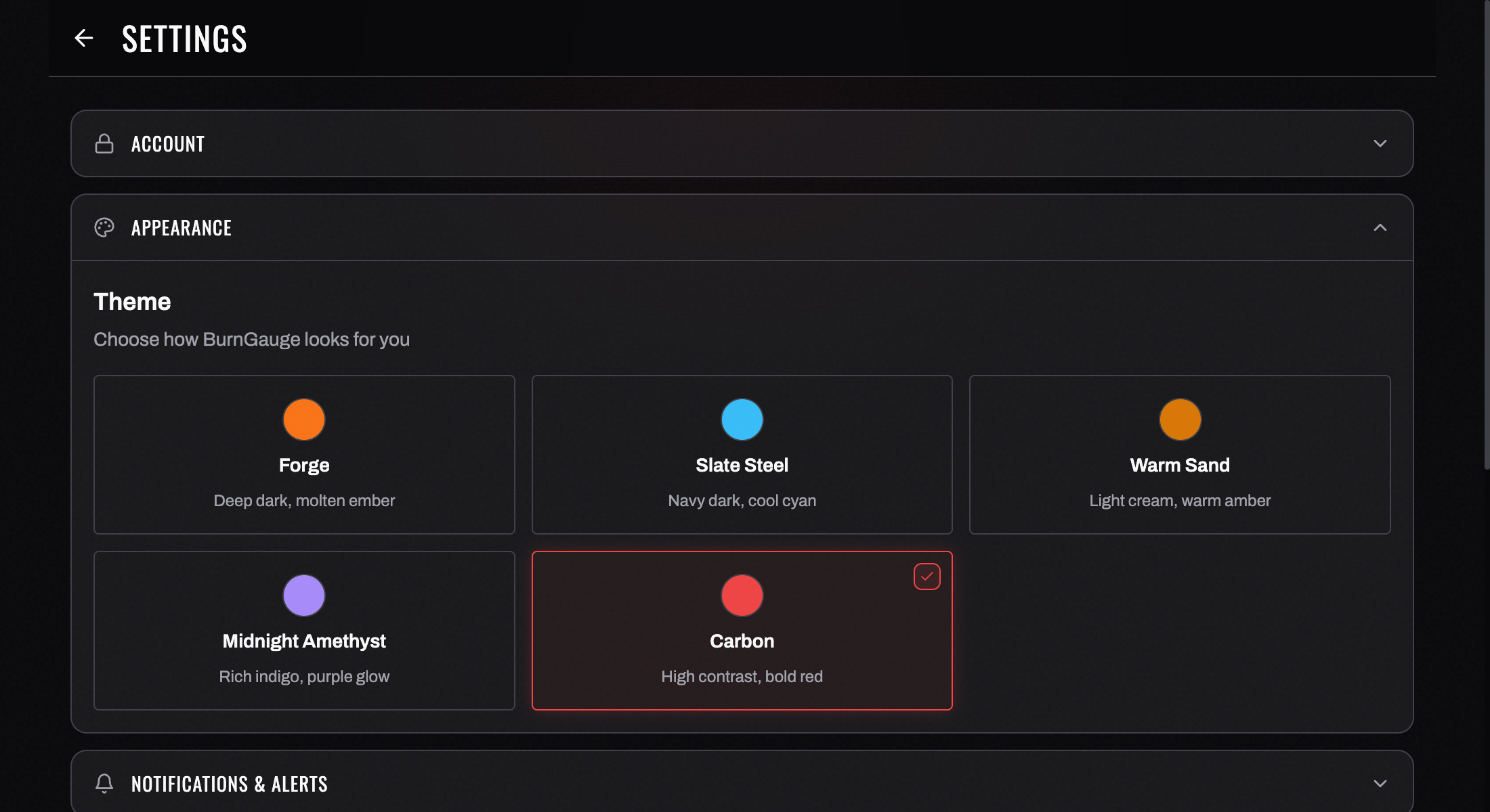 The theme picker — three themes, eleven skins