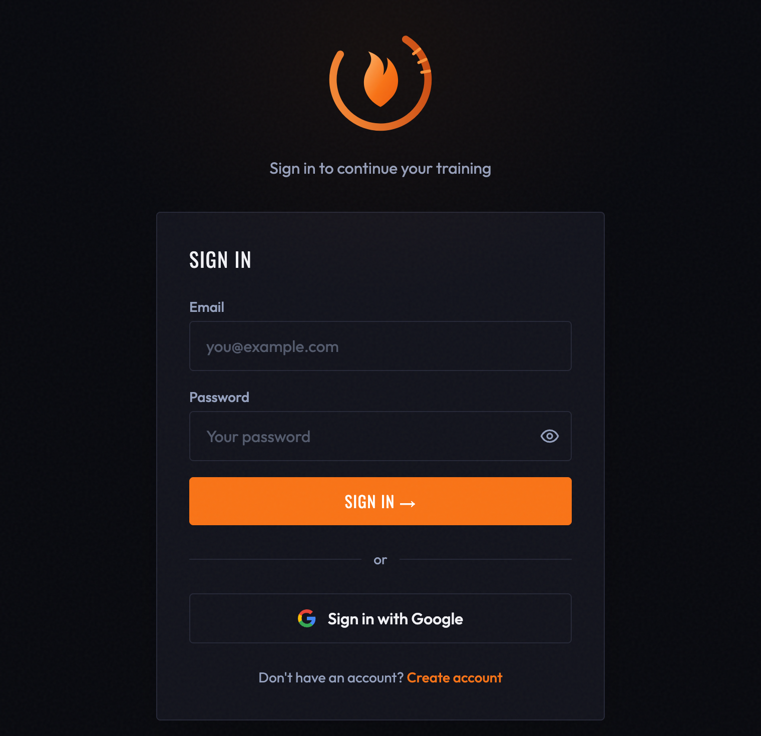 The BurnGauge sign-in screen — email/password or Continue with Google