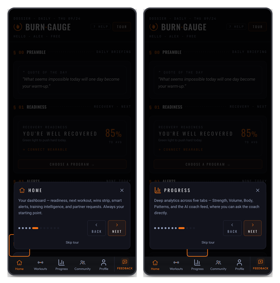 The in-app tour introduces each area of the app in turn — here the welcome card and the training-partners step