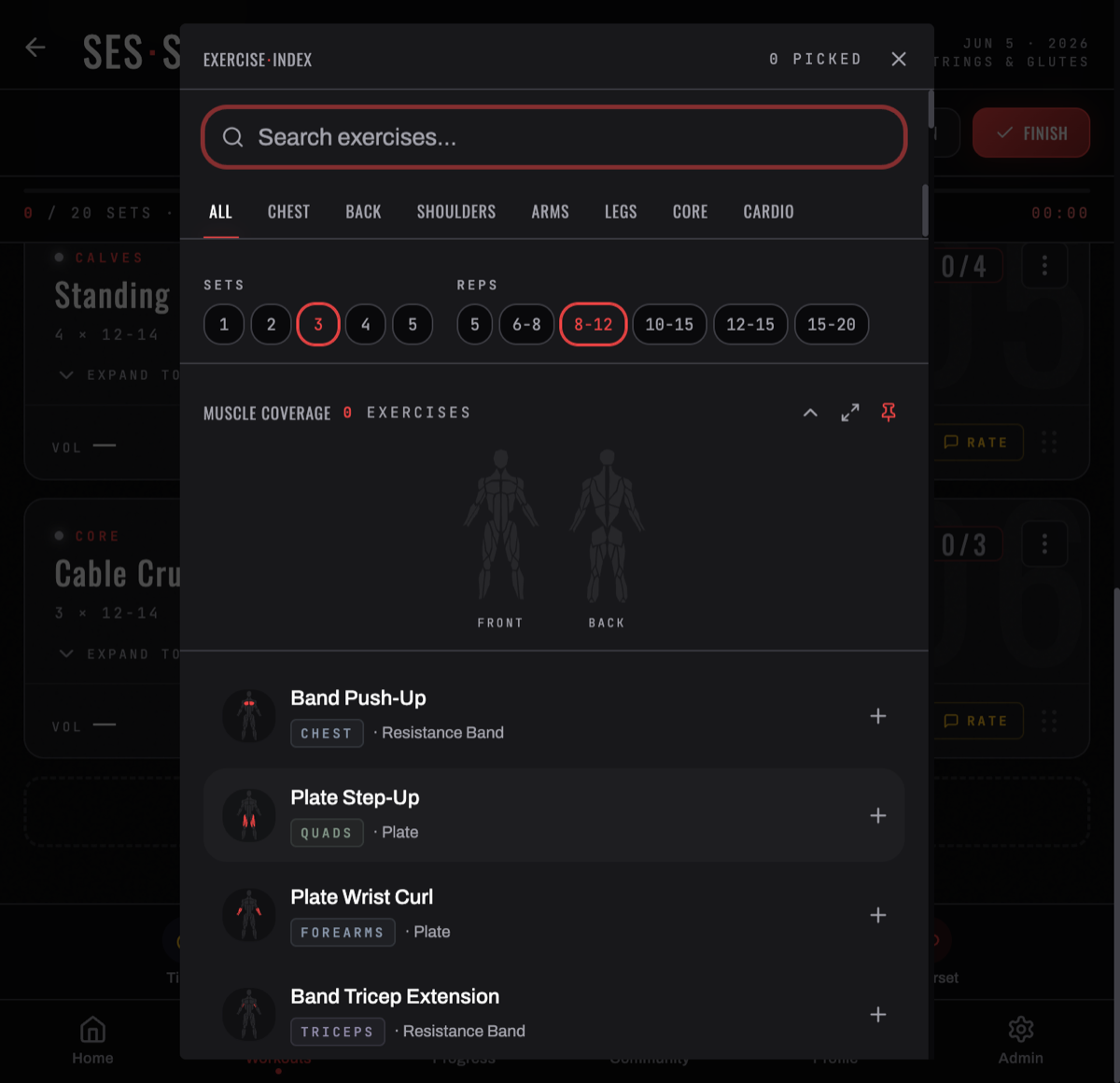 Add Exercise — search, filter, muscle coverage